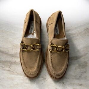 Steve Madden Tan Suede Chain-Trim Loafers